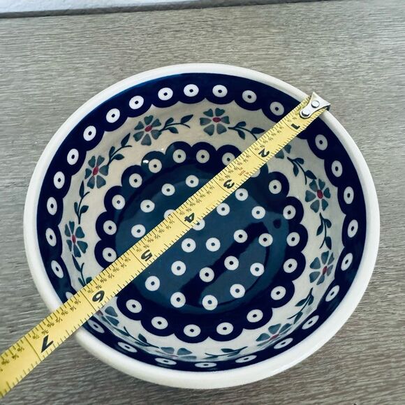 Boleslawiec Polish Pottery Blue Circles Floral Ceramic Soup Bowl - Picture 4 of 6